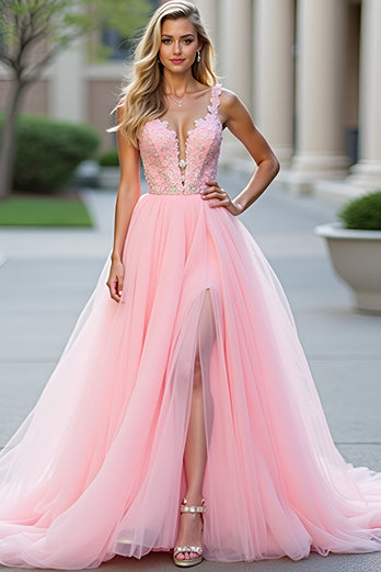 Blush Pink Long Tulle Ball Gown Prom Dress with Slit