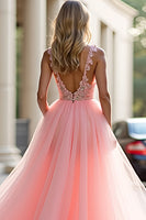 Load image into Gallery viewer, Blush Pink Long Tulle Ball Gown Prom Dress with Slit