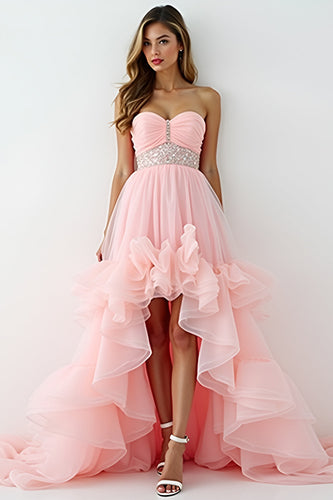Blush Pink Strapless Long Prom Dress with Ruffles