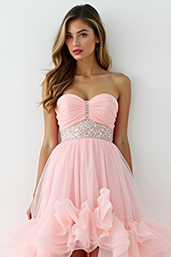 Blush Pink Strapless Long Prom Dress with Ruffles
