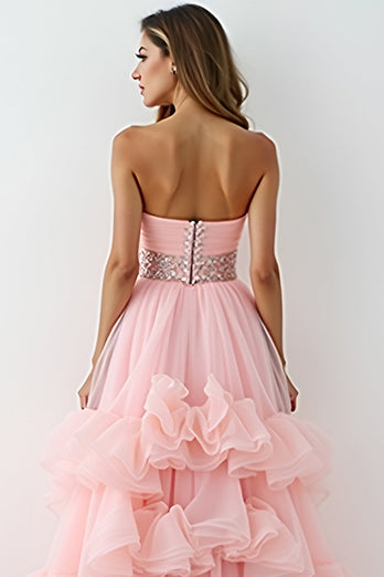 Blush Pink Strapless Long Prom Dress with Ruffles