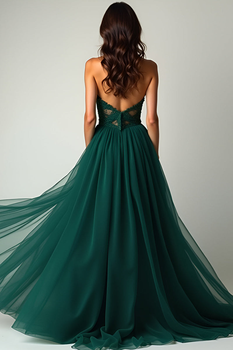 Load image into Gallery viewer, A Line Dark Green Flowy Tulle Strapless Long Beaded Prom Dress with Slit