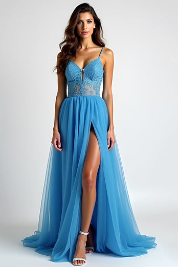 Light Blue A Line Tulle Long Prom Dress with Slit