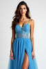 Load image into Gallery viewer, Light Blue A Line Tulle Long Prom Dress with Slit