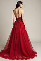 Load image into Gallery viewer, Burgundy A Line Tulle Sweetheart Beaded Long Prom Dress