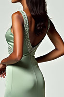 Load image into Gallery viewer, Dusty Sage Backless Tea-Length Formal Dress with Beading