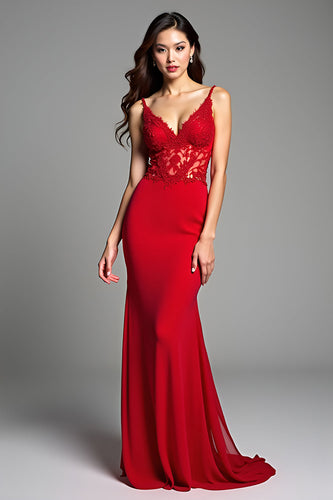 Red Mermaid Spaghetti Straps Long Prom Dress with Lace