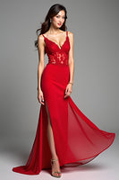 Load image into Gallery viewer, Red Mermaid Spaghetti Straps Long Prom Dress with Lace
