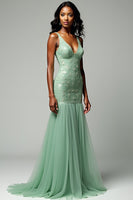 Load image into Gallery viewer, Dusty Sage Mermaid Tulle V-Neck Long Prom Dress