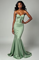 Load image into Gallery viewer, Dusty Sage Mermaid Strapless Bow Long Prom Dress