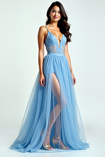A Line Light Blue Spaghetti Straps Long Prom Dress with Slit