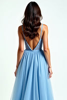Load image into Gallery viewer, A Line Light Blue Spaghetti Straps Long Prom Dress with Slit