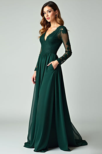 V-Neck Pine Appliqued Long Prom Dress with Long Sleeves