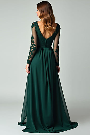 V-Neck Pine Appliqued Long Prom Dress with Long Sleeves