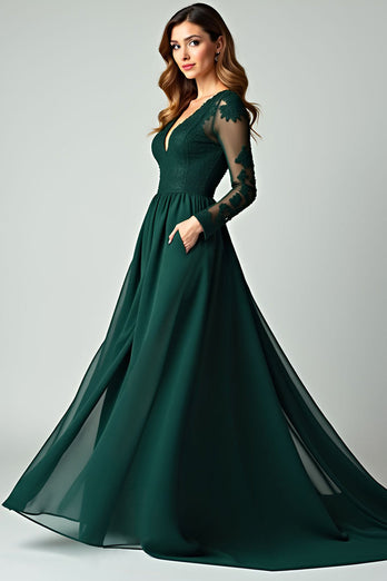 V-Neck Pine Appliqued Long Prom Dress with Long Sleeves