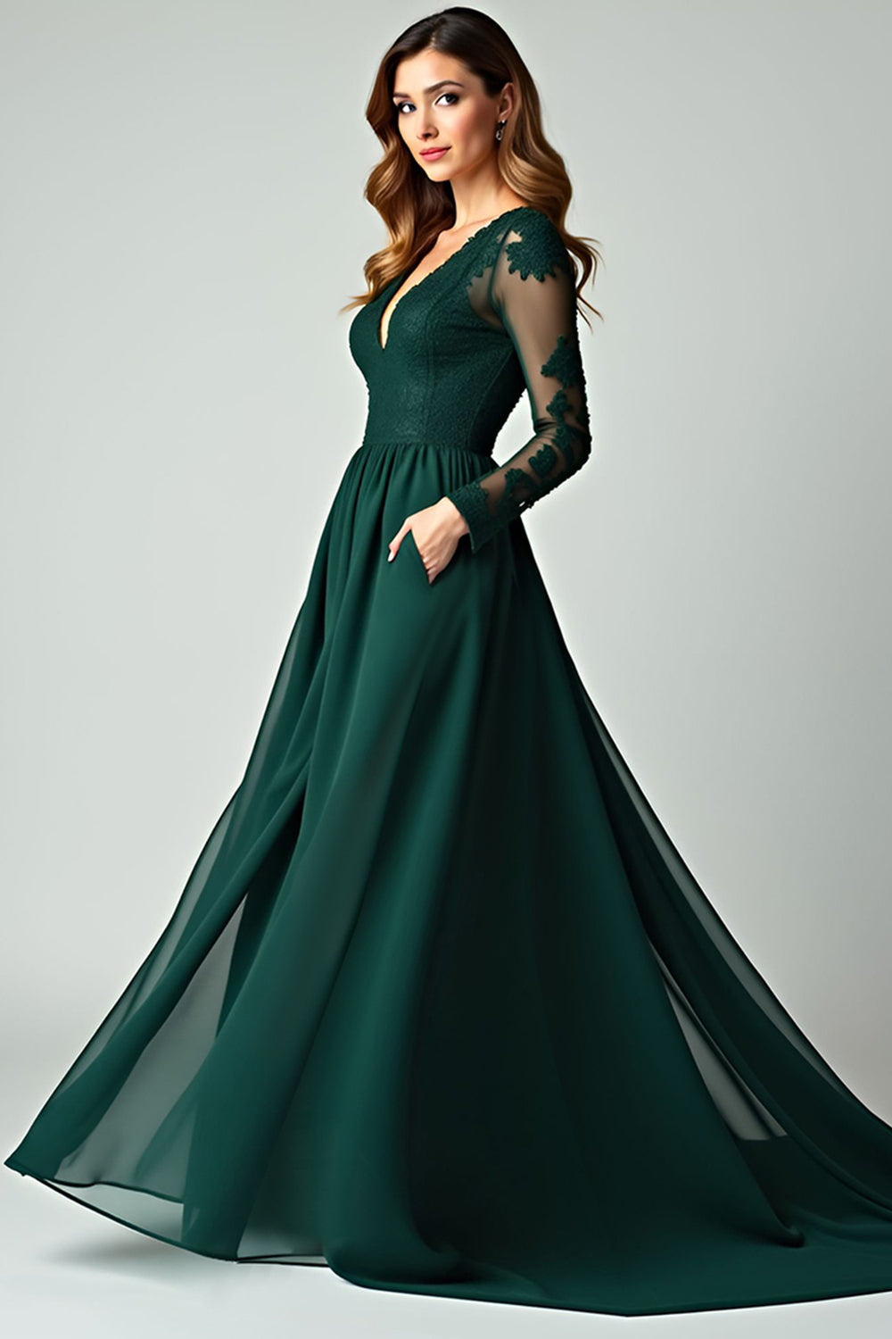 V-Neck Pine Appliqued Long Prom Dress with Long Sleeves