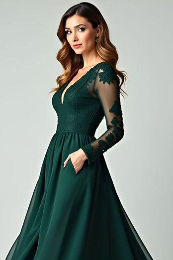 V-Neck Pine Appliqued Long Prom Dress with Long Sleeves