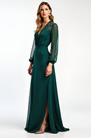 Load image into Gallery viewer, V-Neck Pine Floral Long Sleeves Mother of the Bride Dress with Slit