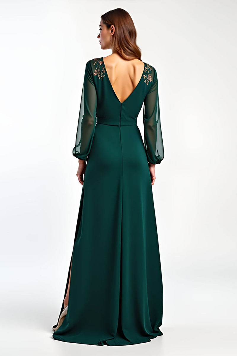 Load image into Gallery viewer, V-Neck Pine Floral Long Sleeves Mother of the Bride Dress with Slit