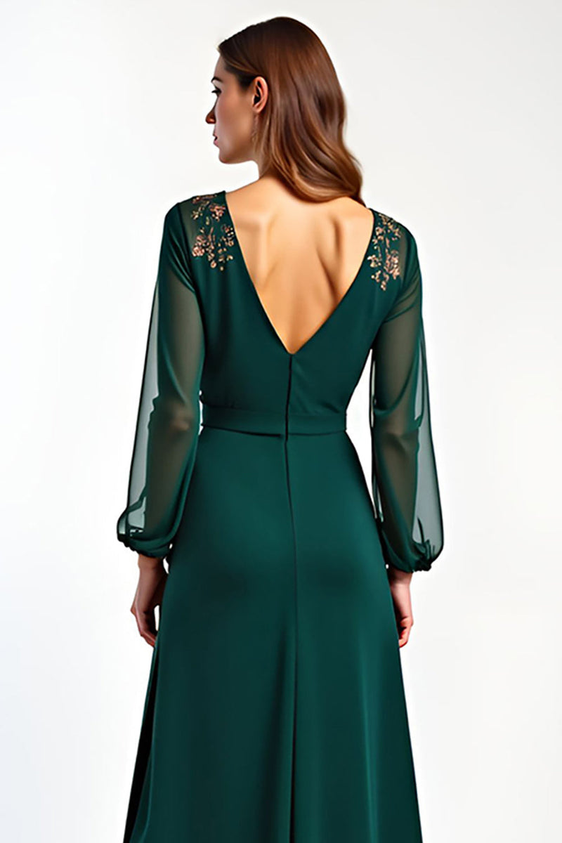 Load image into Gallery viewer, V-Neck Pine Floral Long Sleeves Mother of the Bride Dress with Slit
