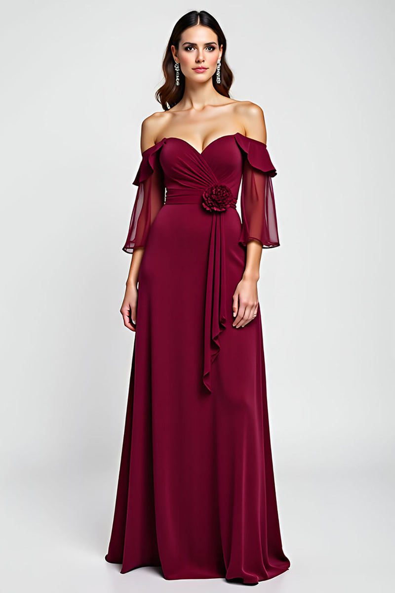 Load image into Gallery viewer, Off the Shoulder Burgundy Floral Mother of the Bride Dress