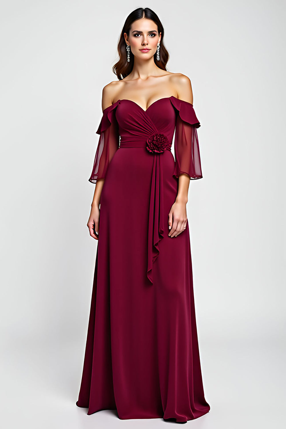Off the Shoulder Burgundy Floral Mother of the Bride Dress