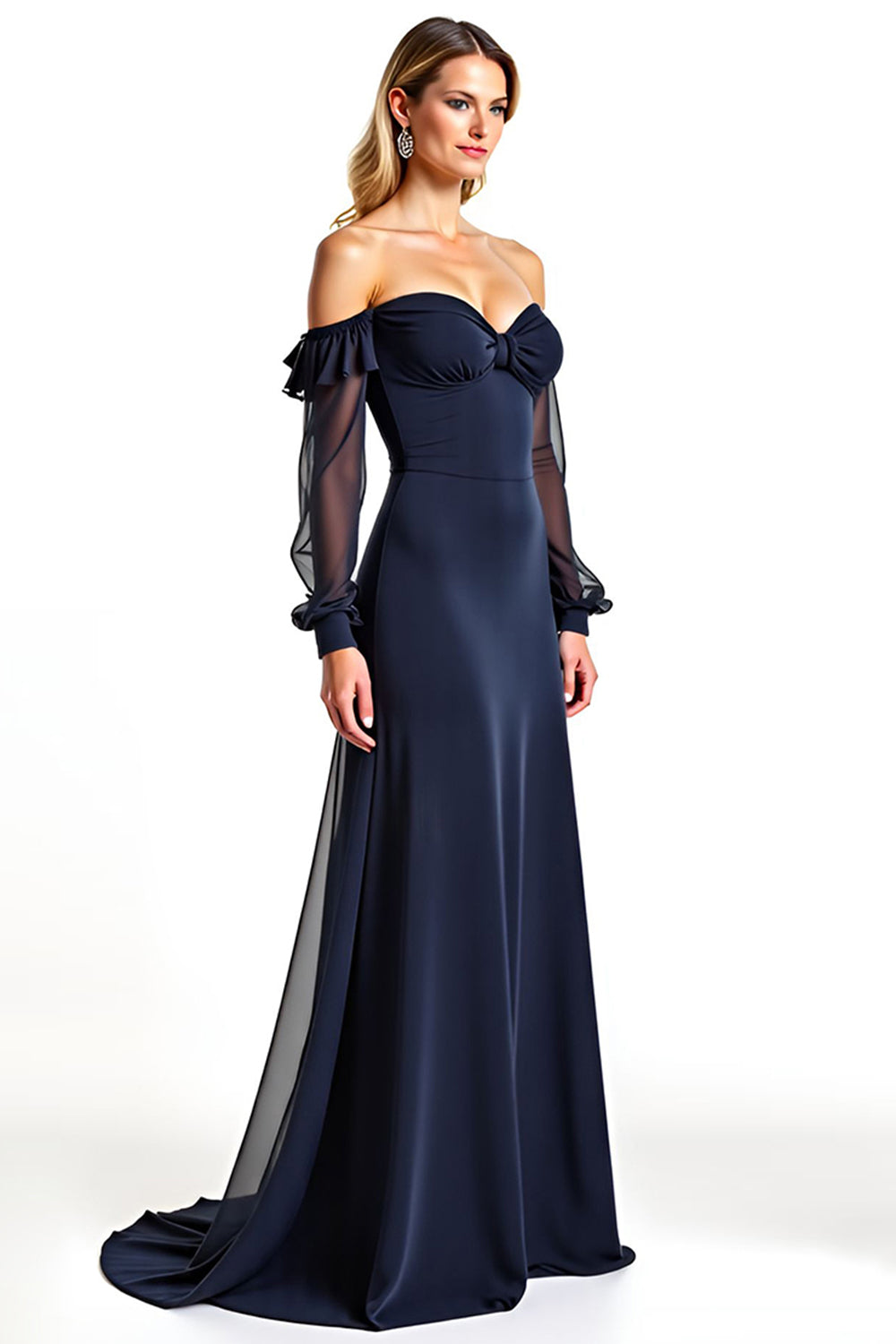 Navy Sweetheart Long Sheer Sleeves Mother of the Bride Dress with Ruffles