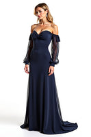 Load image into Gallery viewer, Navy Sweetheart Long Sheer Sleeves Mother of the Bride Dress with Ruffles