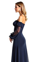 Load image into Gallery viewer, Navy Sweetheart Long Sheer Sleeves Mother of the Bride Dress with Ruffles