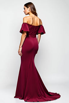 Burgundy Mermaid Off the Shoulder Long Mother of the Bride Dress with Ruffles