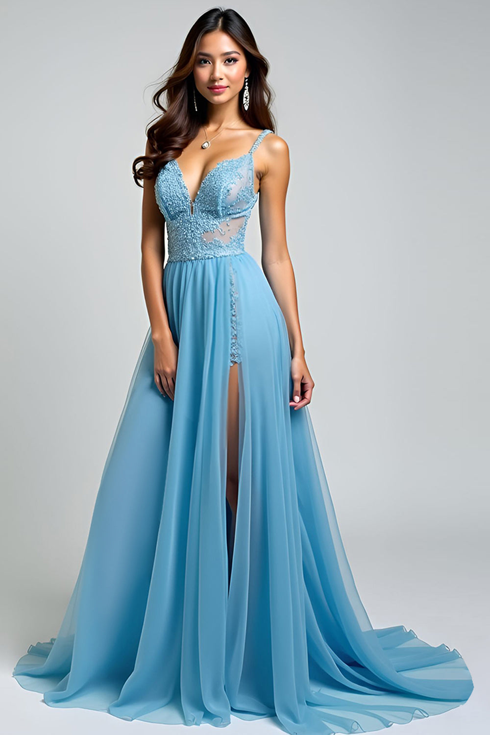 A Line Light Blue Chiffon Long Prom Dress with Slit