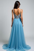 Load image into Gallery viewer, A Line Light Blue Chiffon Long Prom Dress with Slit