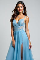 Load image into Gallery viewer, A Line Light Blue Chiffon Long Prom Dress with Slit