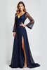 Load image into Gallery viewer, Navy A Line V-Neck Long Sleeves Mother of the Bride Dress with Slit