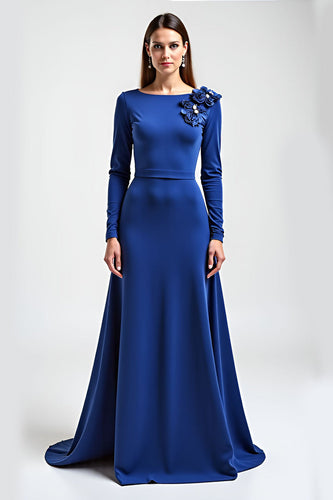 Royal Blue Long Sleeves Satin Long Mother of the Bride Dress with Flowers