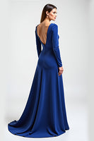 Load image into Gallery viewer, Royal Blue Long Sleeves Satin Long Mother of the Bride Dress with Flowers