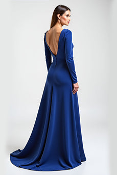 Royal Blue Long Sleeves Satin Long Mother of the Bride Dress with Flowers