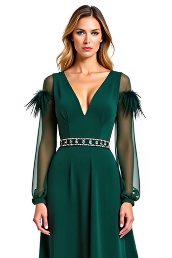 Pine A Line V-Neck Long Mother of the Bride Dress with Feather