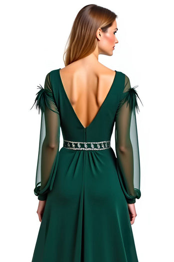 Pine A Line V-Neck Long Mother of the Bride Dress with Feather