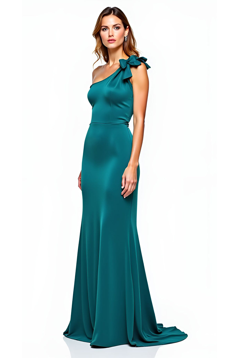 Peacock One Shoulder Bow Long Prom Dress