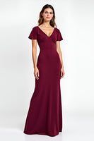Load image into Gallery viewer, Burgundy Sheath Satin V-Neck Backless Long Formal Dress