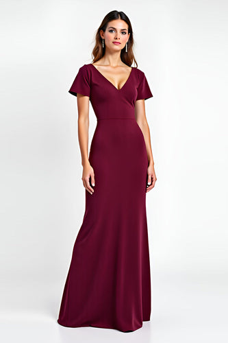 Burgundy Sheath Satin V-Neck Backless Long Formal Dress