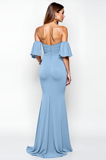 Dusty Blue Sheath Off the Shoulder Ruffled Long Prom Dress