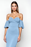 Load image into Gallery viewer, Dusty Blue Sheath Off the Shoulder Ruffled Long Prom Dress