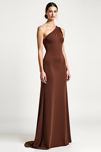 Brown Sheath One Shoulder Long Prom Dress with Bow