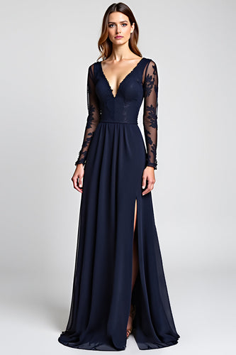 A Line Navy V-Neck Long Mother of the Bride Dress with Long Sleeves