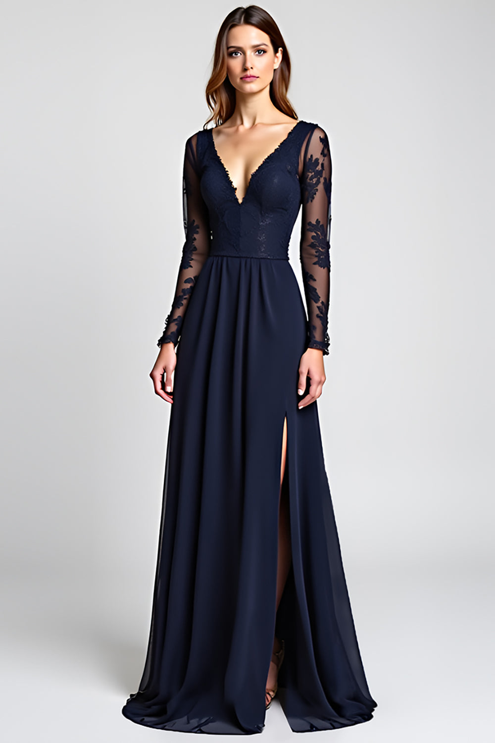 A Line Navy V-Neck Long Mother of the Bride Dress with Long Sleeves