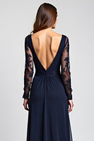 Load image into Gallery viewer, A Line Navy V-Neck Long Mother of the Bride Dress with Long Sleeves