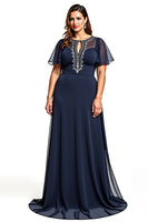Load image into Gallery viewer, A Line Navy Boat Neck Keyhole Long Mother of the Bride Dress with Beading