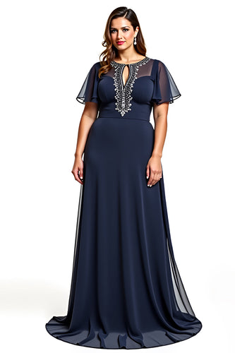 A Line Navy Boat Neck Keyhole Long Mother of the Bride Dress with Beading